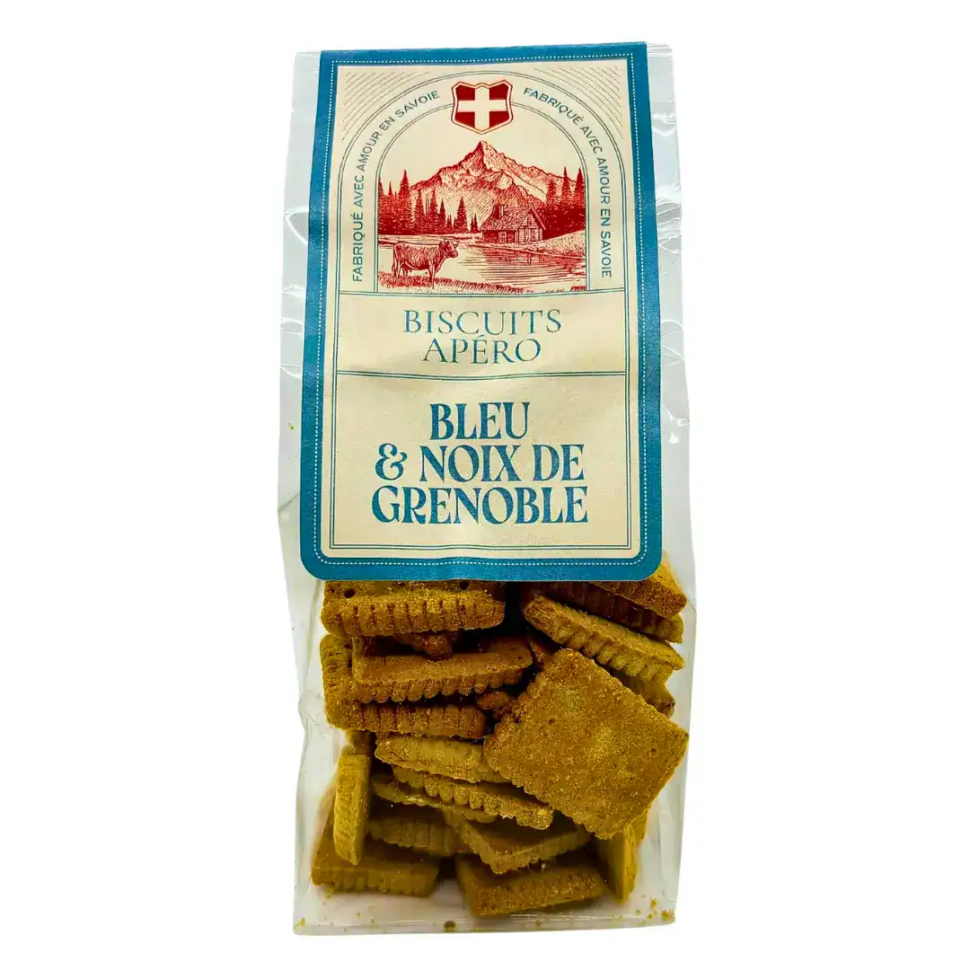 Biscuits-Apéritifs-Fromage-Bleu-Noix-Maison-Guss Paquet de biscuits apéritifs bleu&noix de Grenoble de la Maison Guss sur fond blanc.