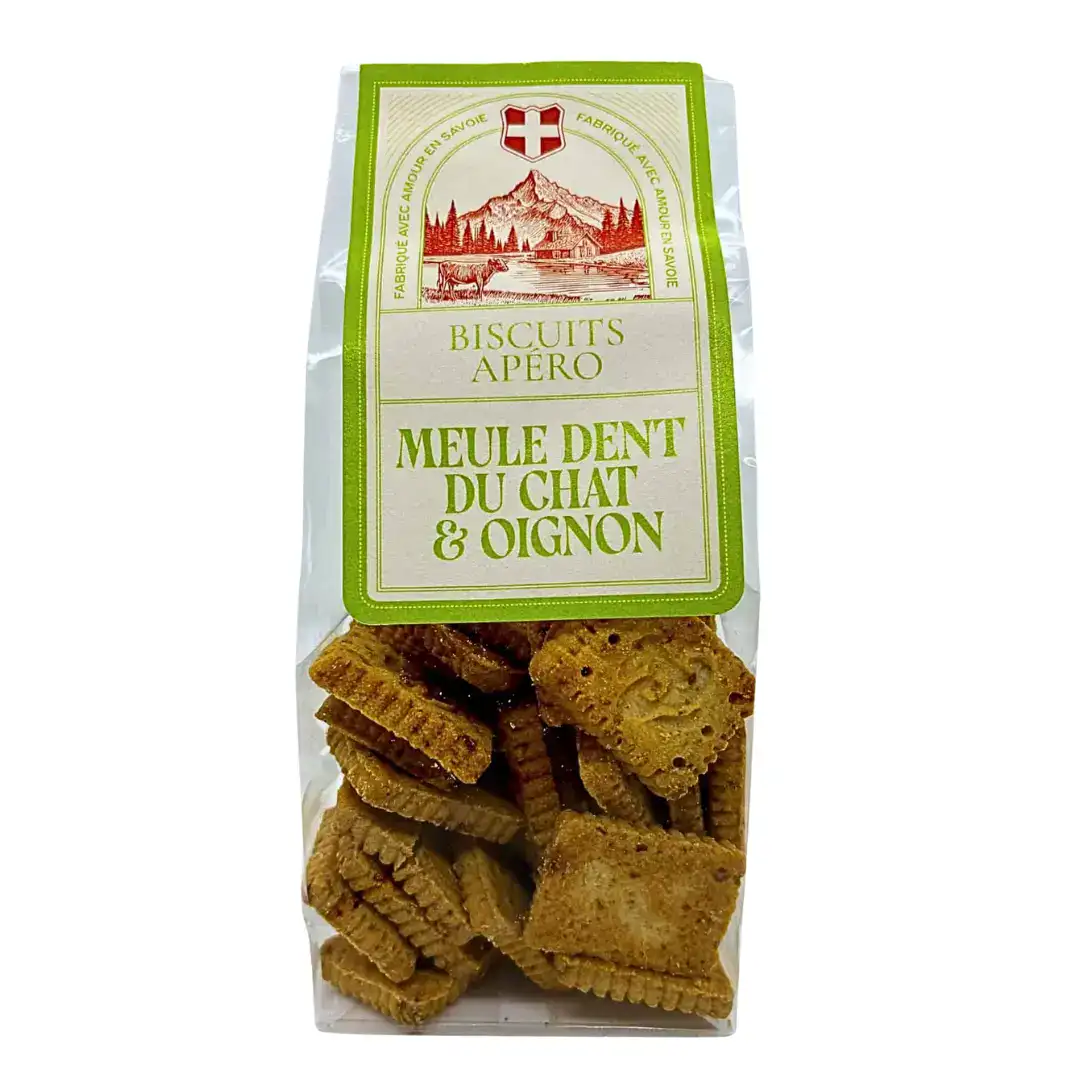 Biscuits Apéritifs – Meule du Chat & Oignons – Maison Guss Un paquet de biscuits apéritifs meule dent du chat&oignons de la Maison Guss.