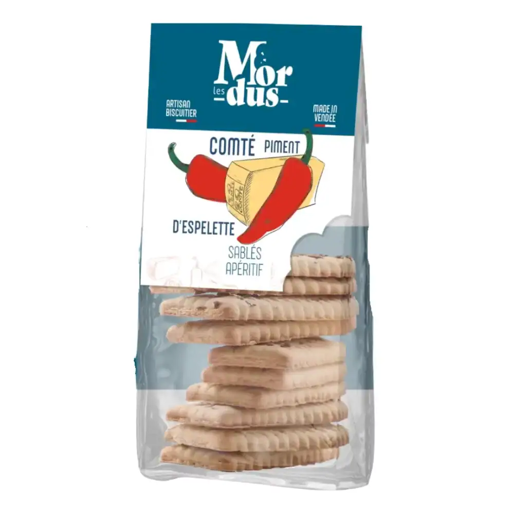 Visuel d'un paquet de biscuits salés comté piment d'espelette de l'Atelier des Mordus.