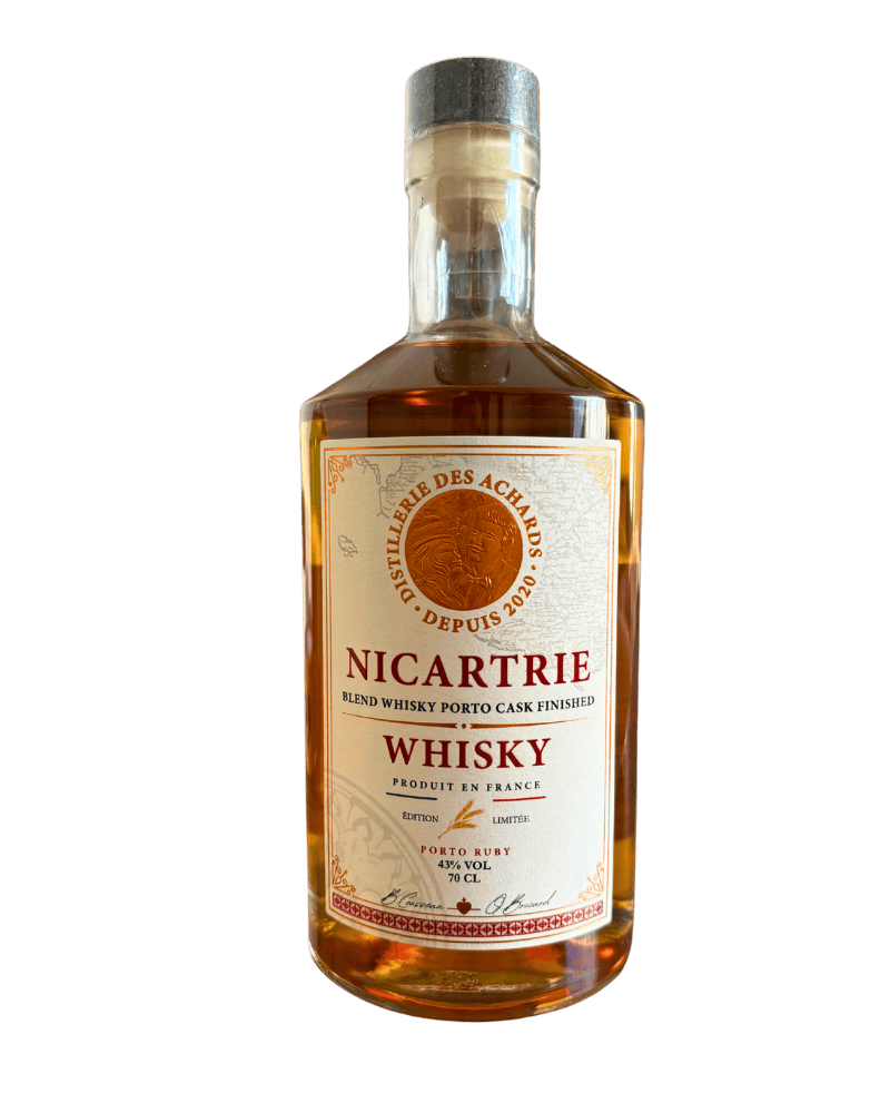 Bouteille de whisky Nicartrie, blend whisky Porto cask finished, édition limitée Porto Ruby, 43% vol, 70cl, produit en France.
