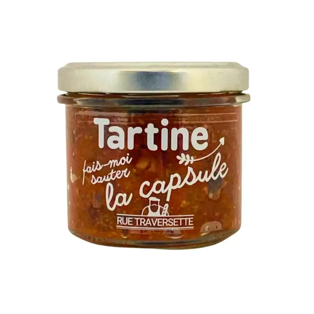 Photo du tartinable végétarien "Fais-moi sauter la capsule" de Rue Traversette, texture onctueuse et couleurs vives, idéal pour l'apéritif.