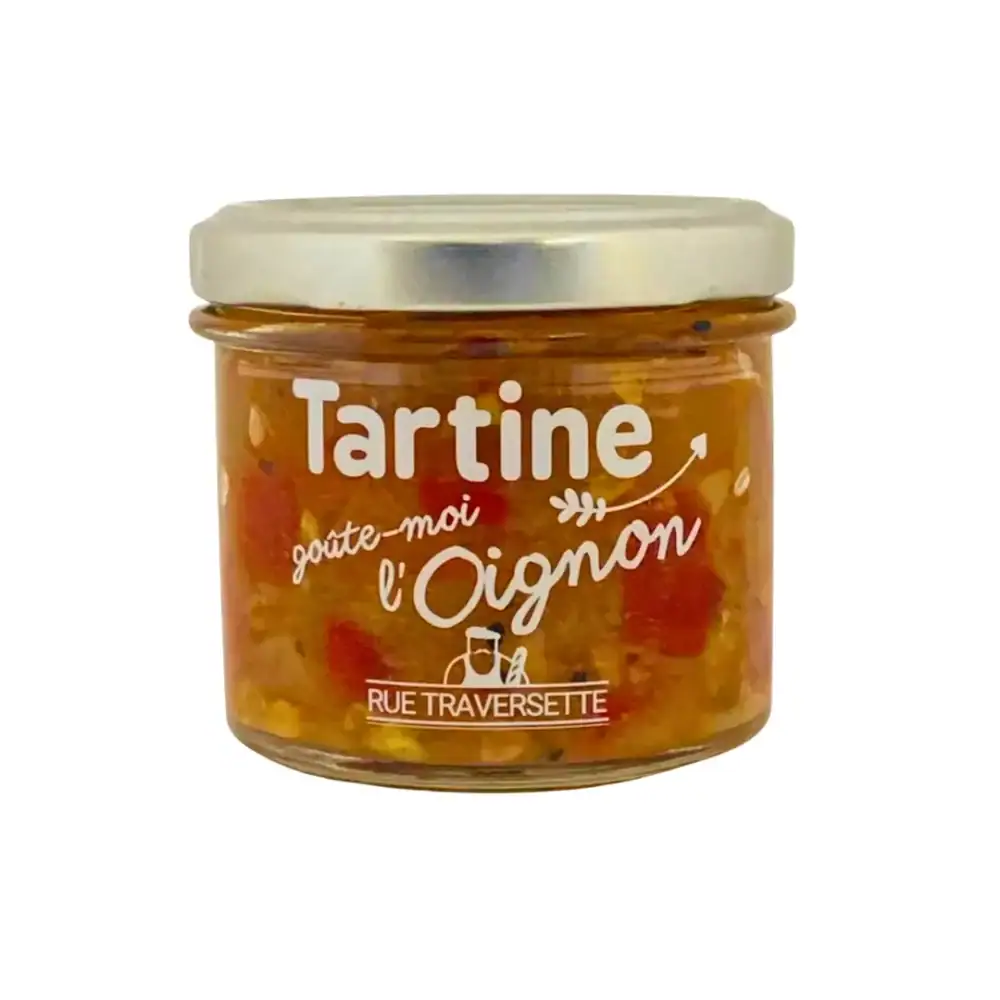 Tartinable végétal "Goûte-moi l'oignon" de Rue Traversette, à base d'oignons, de poivrons rouges et de pistaches, idéal pour l'apéritif.