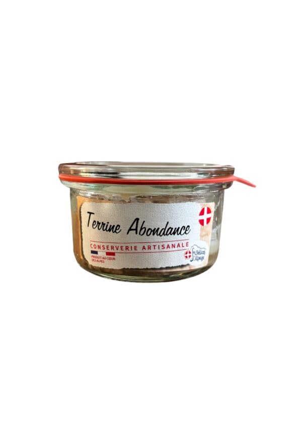 Terrine de fromage Abondance artisanale, pot en verre avec étiquette rouge et blanche.