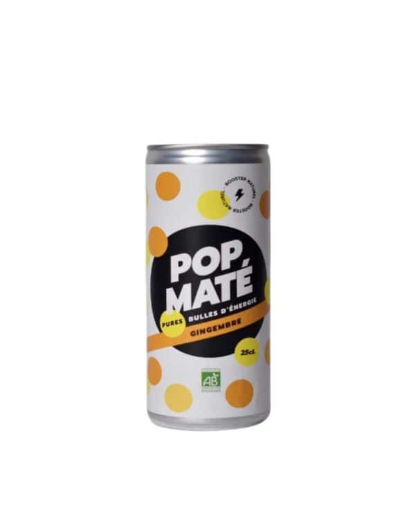 Canette blanche de Pop Mate gingembre bio. Illustration de cercles jaunes et noirs. Logo "POP MATE" en noir sur fond blanc. Mentions "PURES BULLES D'ÉNERGIE" et "GINGEMBRE". Label AB Agriculture Biologique.