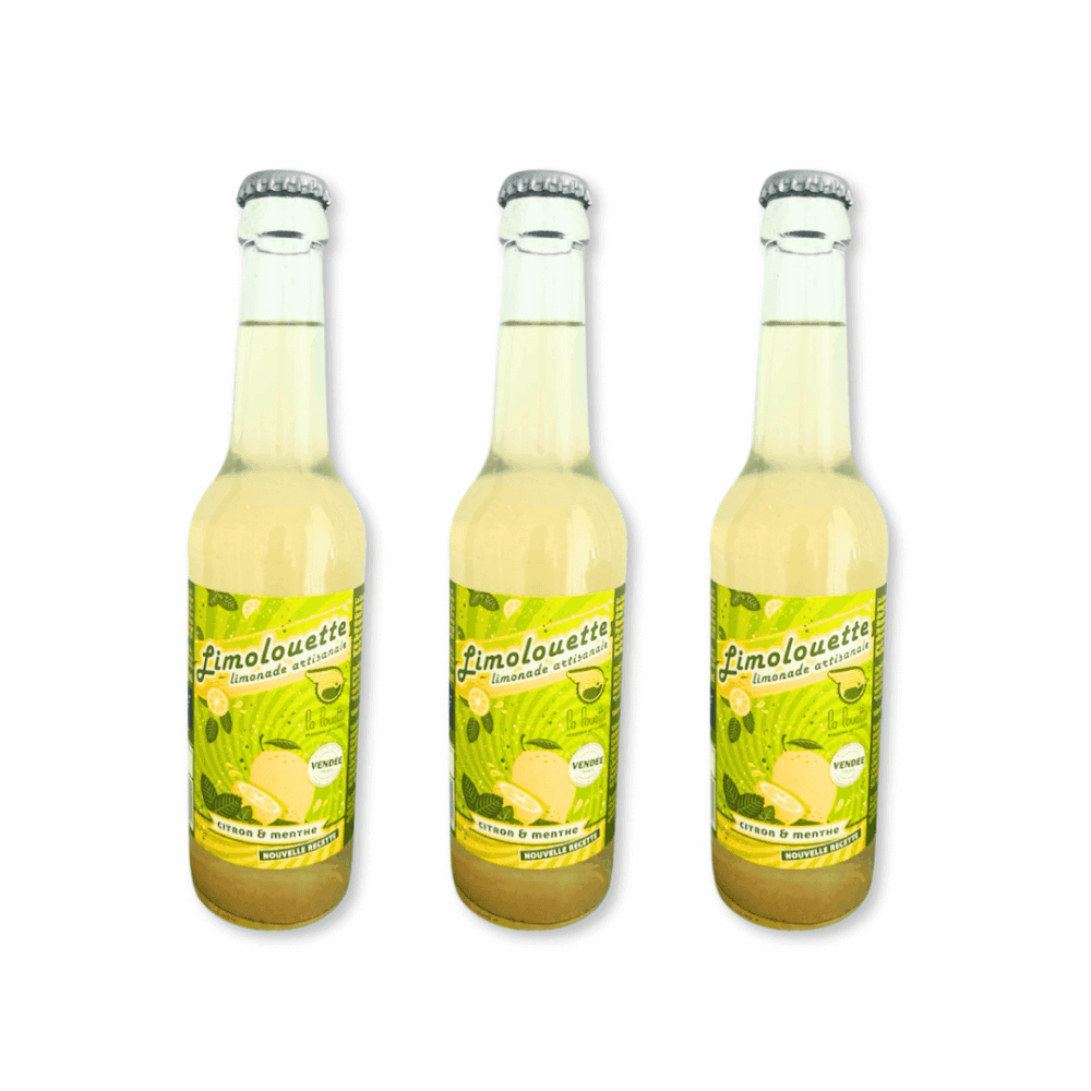 Bouteilles de limonade artisanale La Limolouette citron & menthe – brasserie La Louette, produit bio et local vendéen.