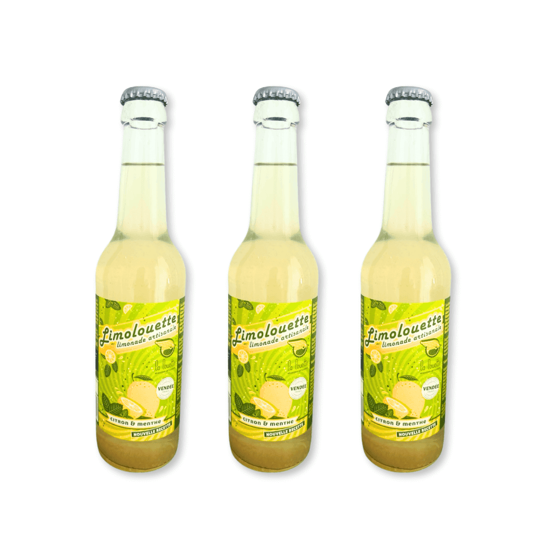 Limonade artisanale citron & menthe bio – La Limolouette Bouteilles de limonade artisanale La Limolouette citron & menthe – brasserie La Louette, produit bio et local vendéen.