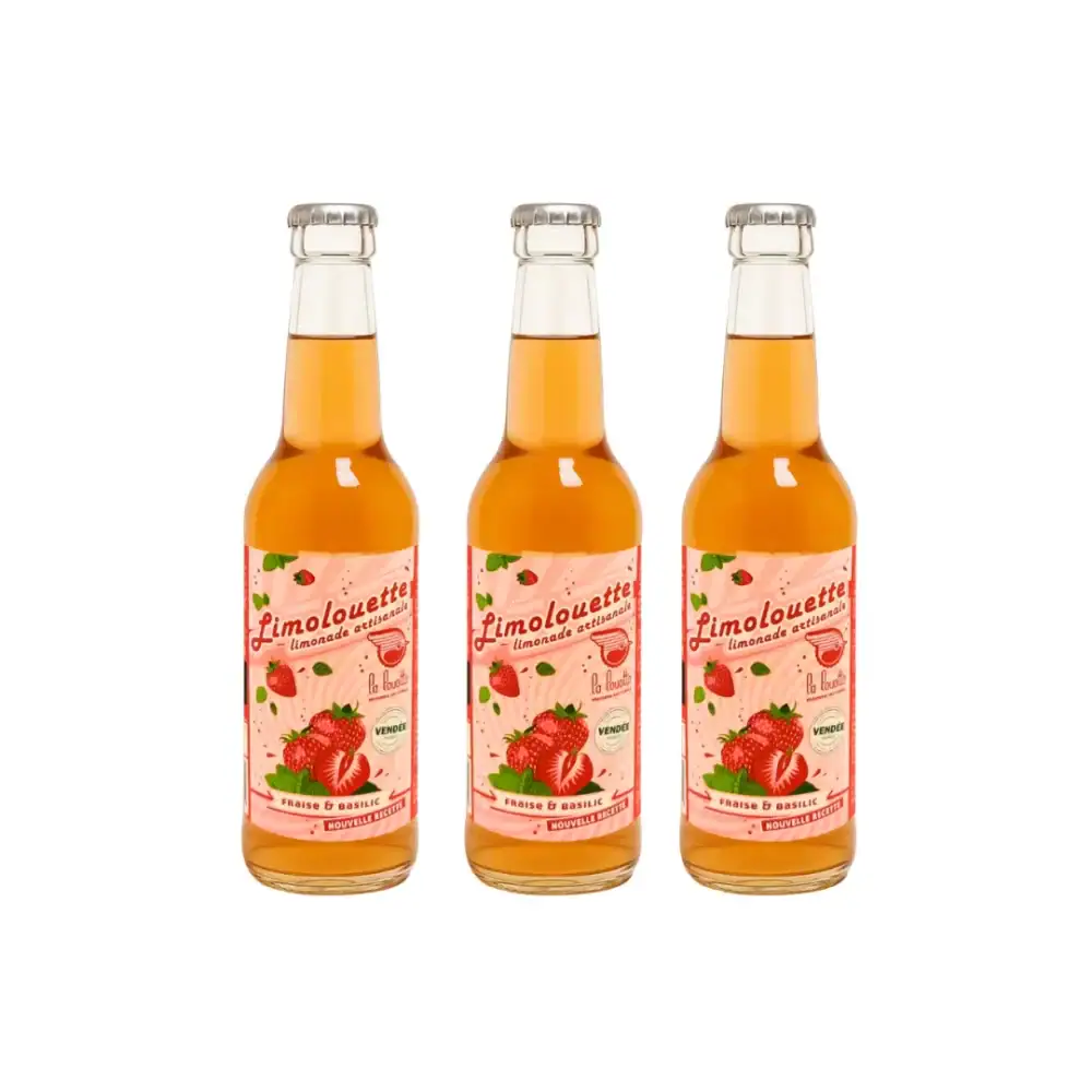 Trois bouteilles de 33cl de la limonade artisanale fraise/basilic de la brasserie La Louette.