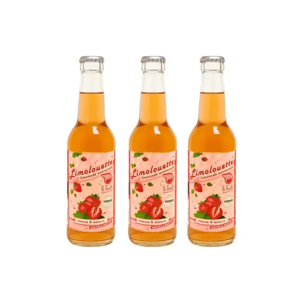 Trois bouteilles de 33cl de la limonade artisanale fraise/basilic de la brasserie La Louette.