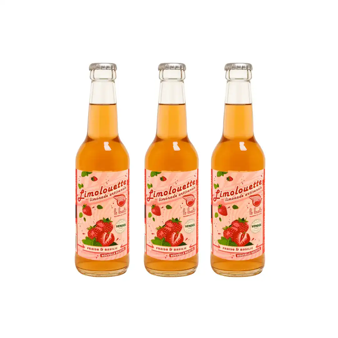 Limonade-fraise-basilic-La-Louette-Lot-de-3 Trois bouteilles de 33cl de la limonade artisanale fraise/basilic de la brasserie La Louette.