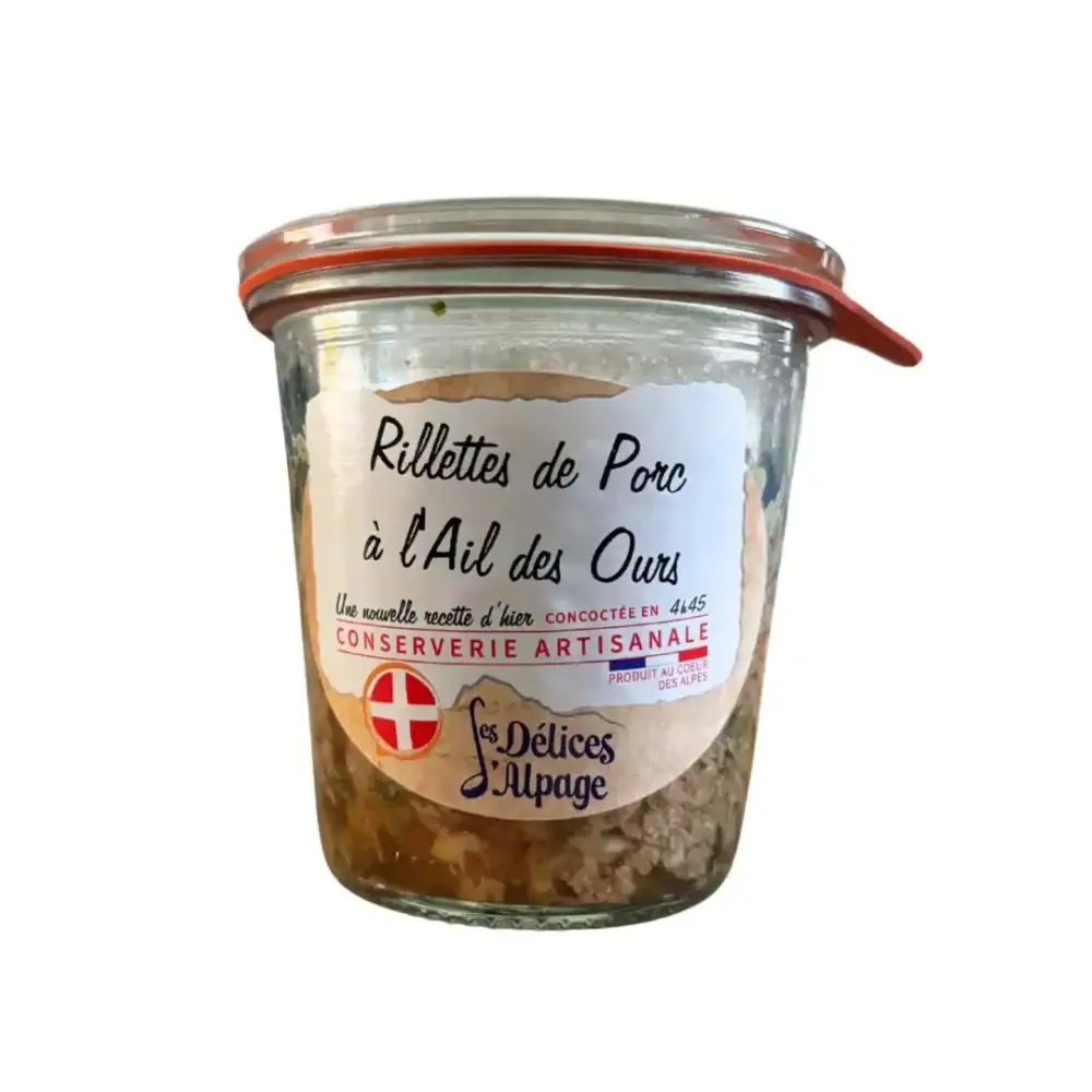 Rillettes de porc artisanales à l'ail des ours, pot en verre avec étiquette.