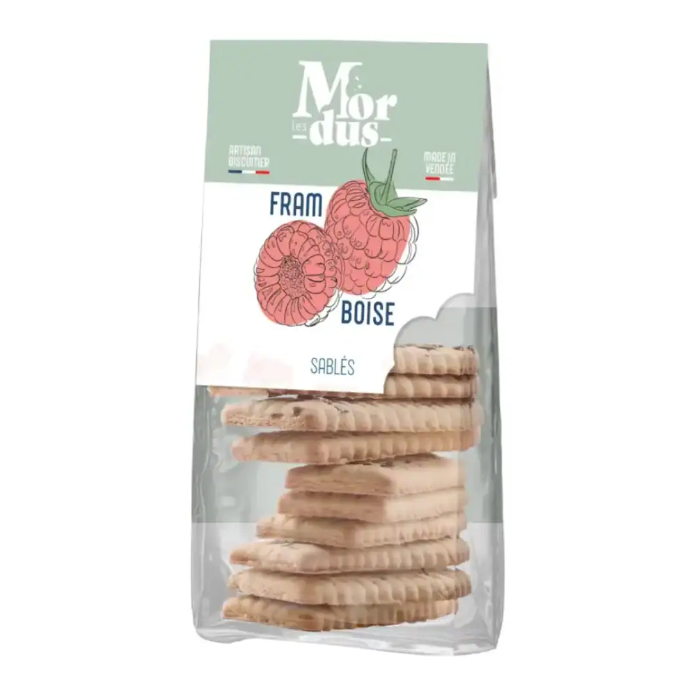 Un paquet de sablés à la framboise de l'Atelier des Mordus sur un fond blanc.