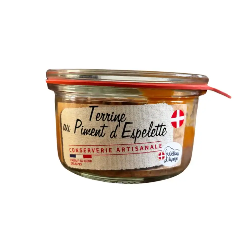 Photo d'un pot de terrine piment d'Espelette des Délices d'Alpage sur fond blanc