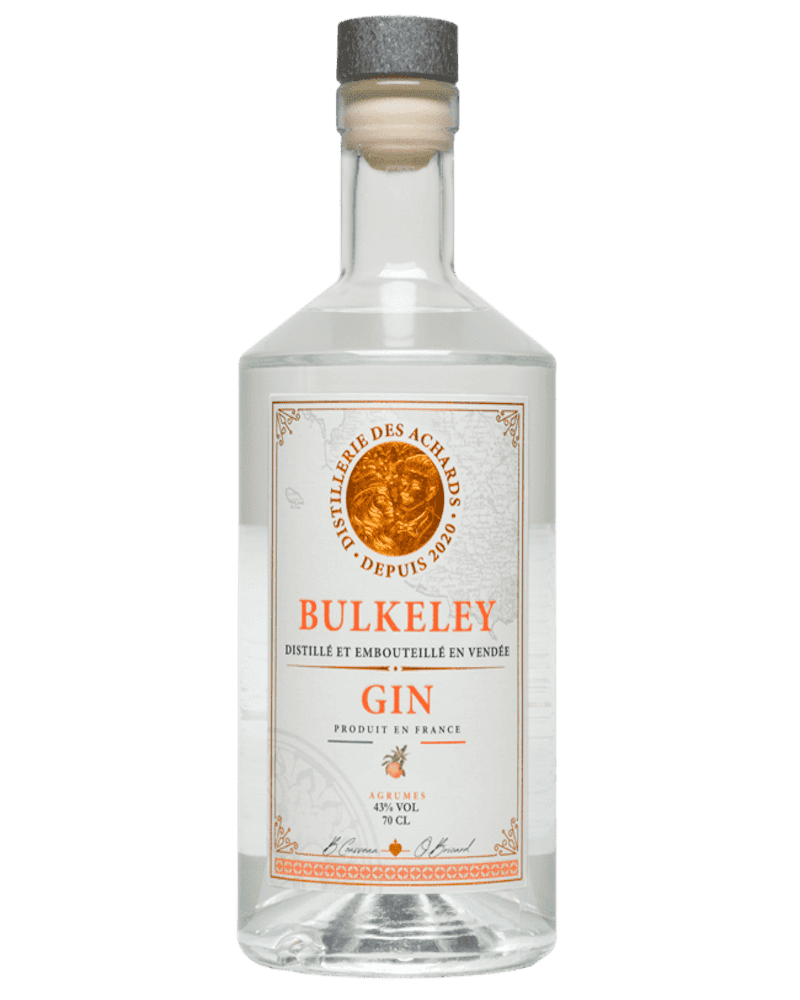 Photo d'une bouteille de gin Bulkeley aux agrumes de la Distillerie des Achards, un gin artisanal français