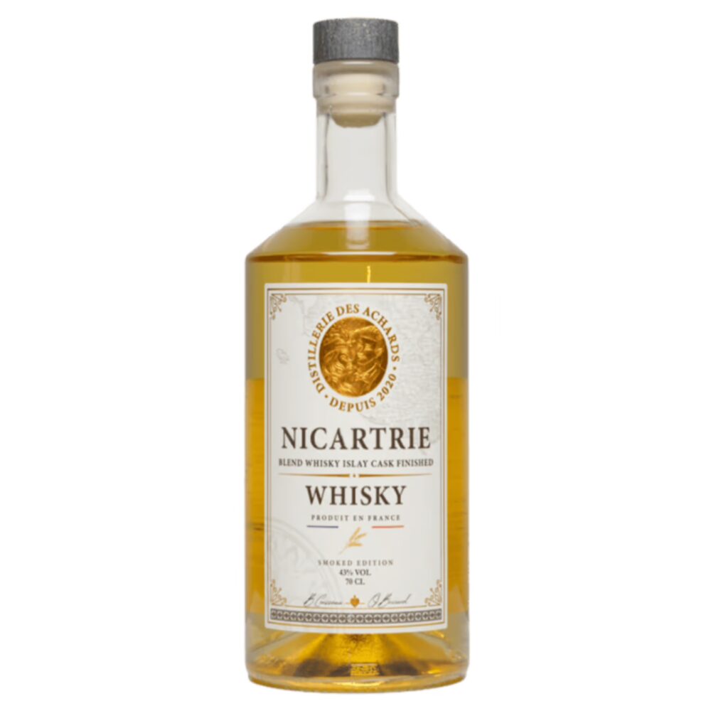 Bouteille de Whisky Fumé et Tourbé Nicartrie, Distillerie des Achards. Produit artisanal vendu par Chasarose.