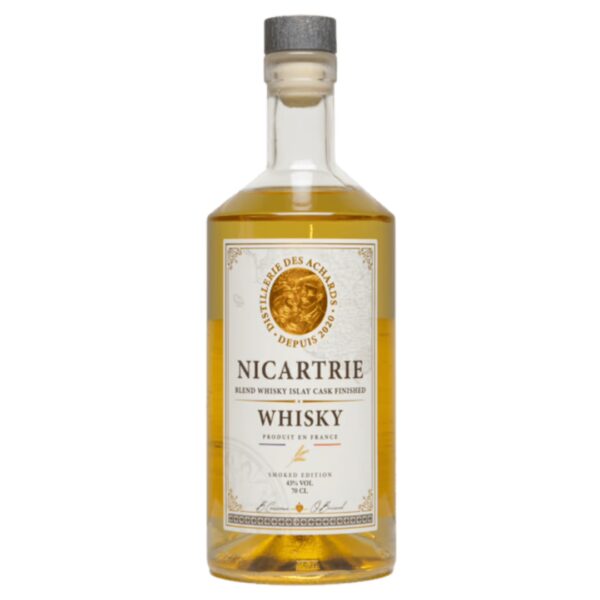 Bouteille de Whisky Fumé et Tourbé Nicartrie, Distillerie des Achards. Produit artisanal vendu par Chasarose.