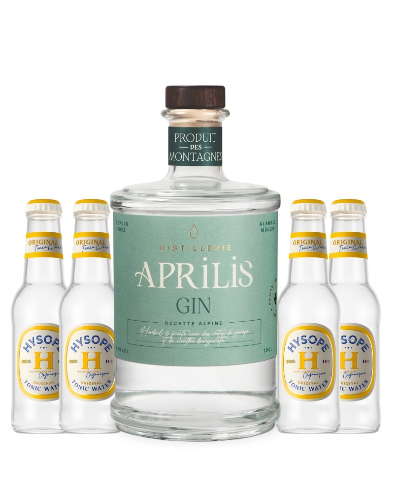 Photo d'un pack Gin Tonic Aprilis, présenté sur fond blanc. Au centre, une bouteille de gin Aprilis de 700ml, étiquetée 'Produit des Montagnes', avec une étiquette verte pâle portant l'inscription 'Distillerie Aprilis Gin Recette Alpine'. La bouteille est entourée de quatre petites bouteilles de Tonic Hysope de 200ml chacune, avec une étiquette blanche et un logo 'H' vert. Les bouteilles de tonic ont des bouchons jaunes. L'ensemble représente un pack de gin artisanal et de tonics pour la préparation de cocktails Gin Tonic.