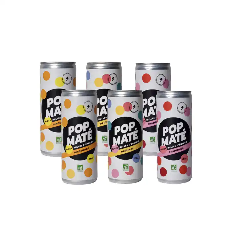 Cette image représente le pack de 6 de Pop Maté. Les goûts sont nature, framboise, gingembre.