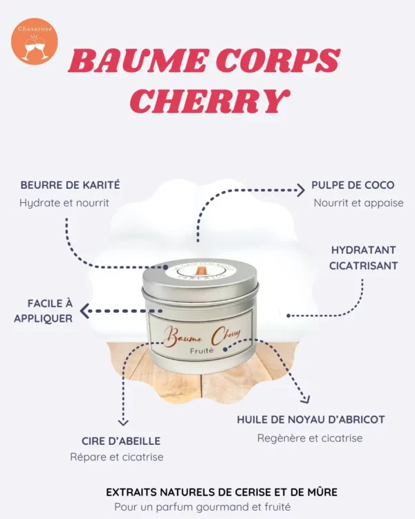Cette image représente le Baume Cherry pour le corps. Il fait parti de la box de la fête des mères. Nous donnons les détails de celui-ci.
