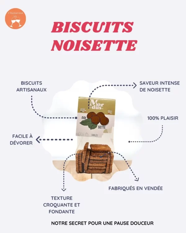 Cette image représente les biscuits à la noisette de l'atelier des Mordus. Une biscuiterie vendéenne. Ils sont présents dans la box de la fête des mères de Chasarose.