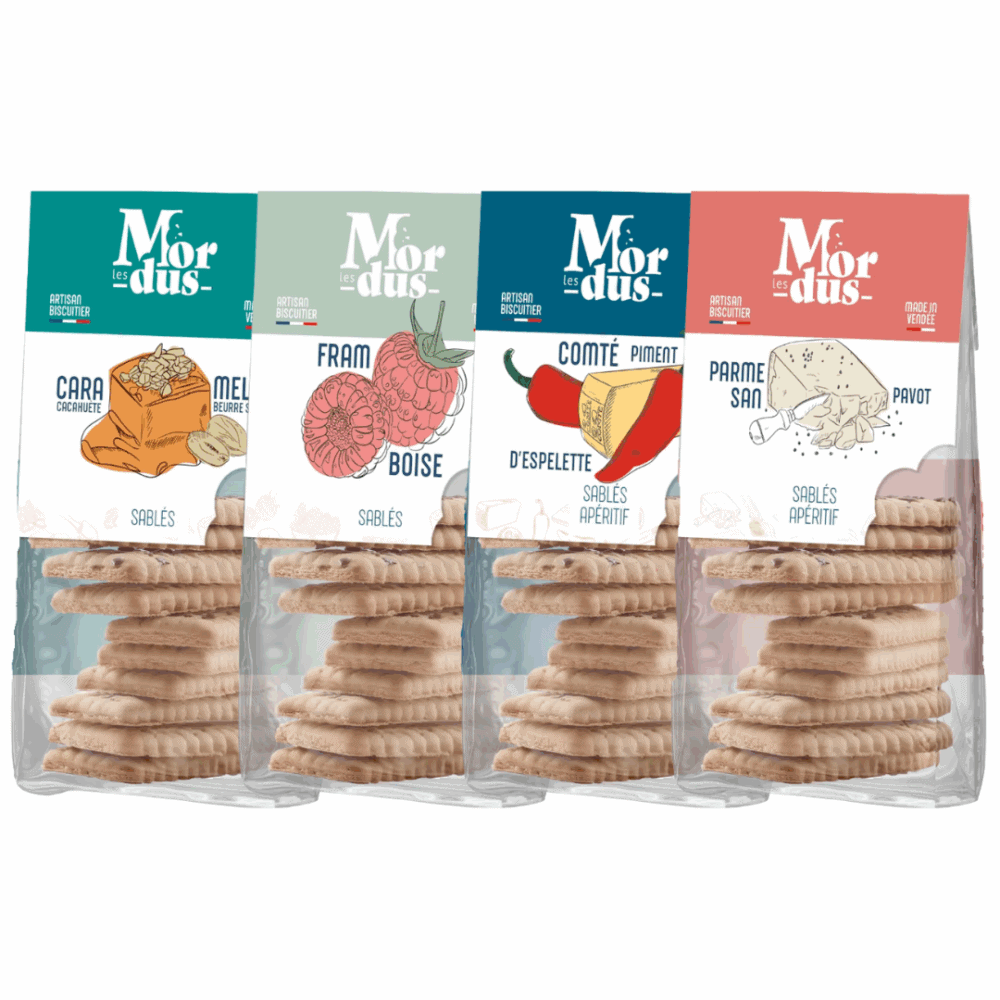 4 paquets de biscuits artisanaux de l'Atelier des Mordus. Produits Vendéen.