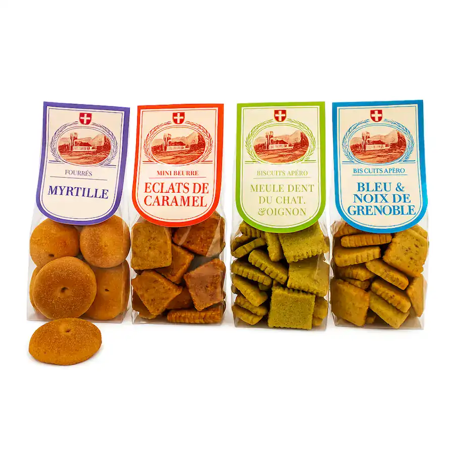 4 paquets de biscuits artisanaux de la Maison Guss. Deux salés et deux sucrés. Biscuits fabriqués en Savoie, à Tresserve.