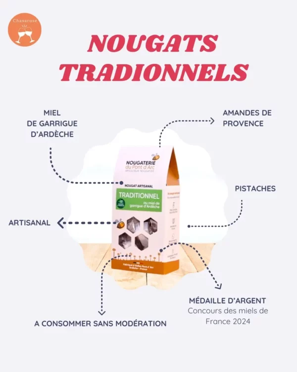 Cette image représente les nougats traditionnels de la nougaterie du pont d'arc. Ils sont présents dans la box de la fête des mères de Chasarose.