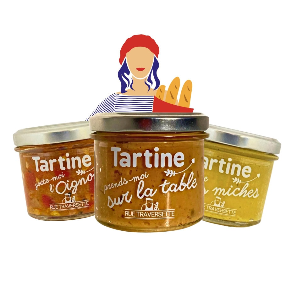 Lot de 3 tartinables Rue traversette, pour les végétariens ou les amoureux des légumes sur fond blanc.