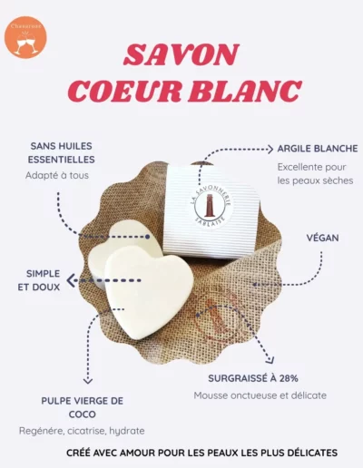 Cette image représente le savon coeur blanc présent dans la box fête des mères de Chasarose. Nous donnons les détails de celui-ci.
