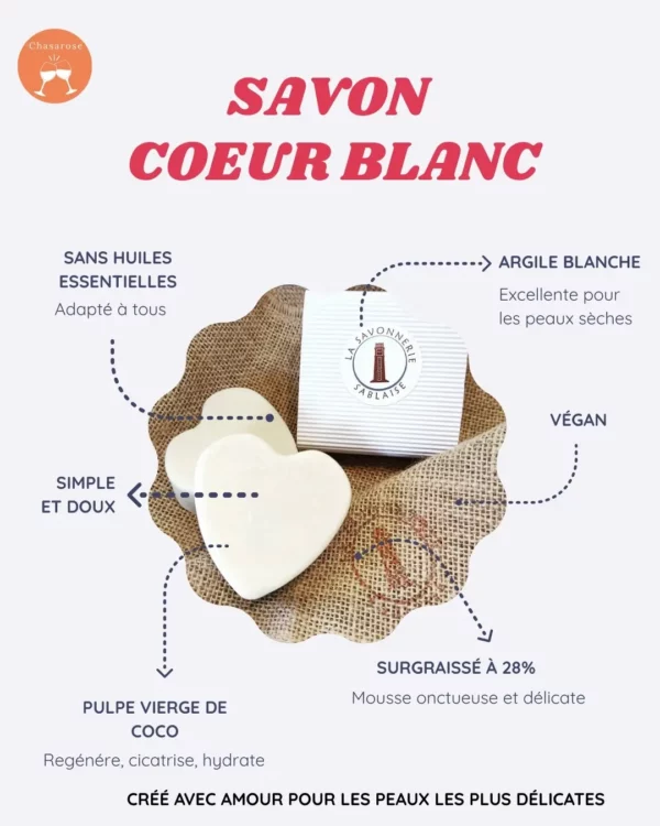 Cette image représente le savon coeur blanc présent dans la box fête des mères de Chasarose. Nous donnons les détails de celui-ci.