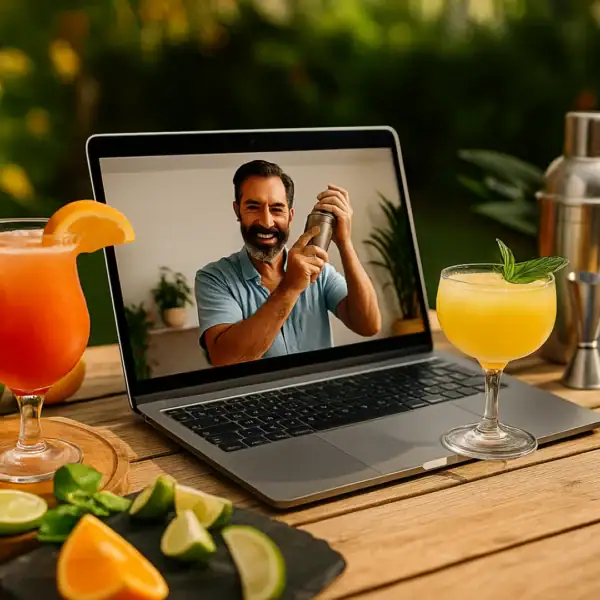 Cours de mixologie en ligne, ambiance estivale, avec un participant qui suit un tutoriel vidéo et réalise un cocktail chez lui.