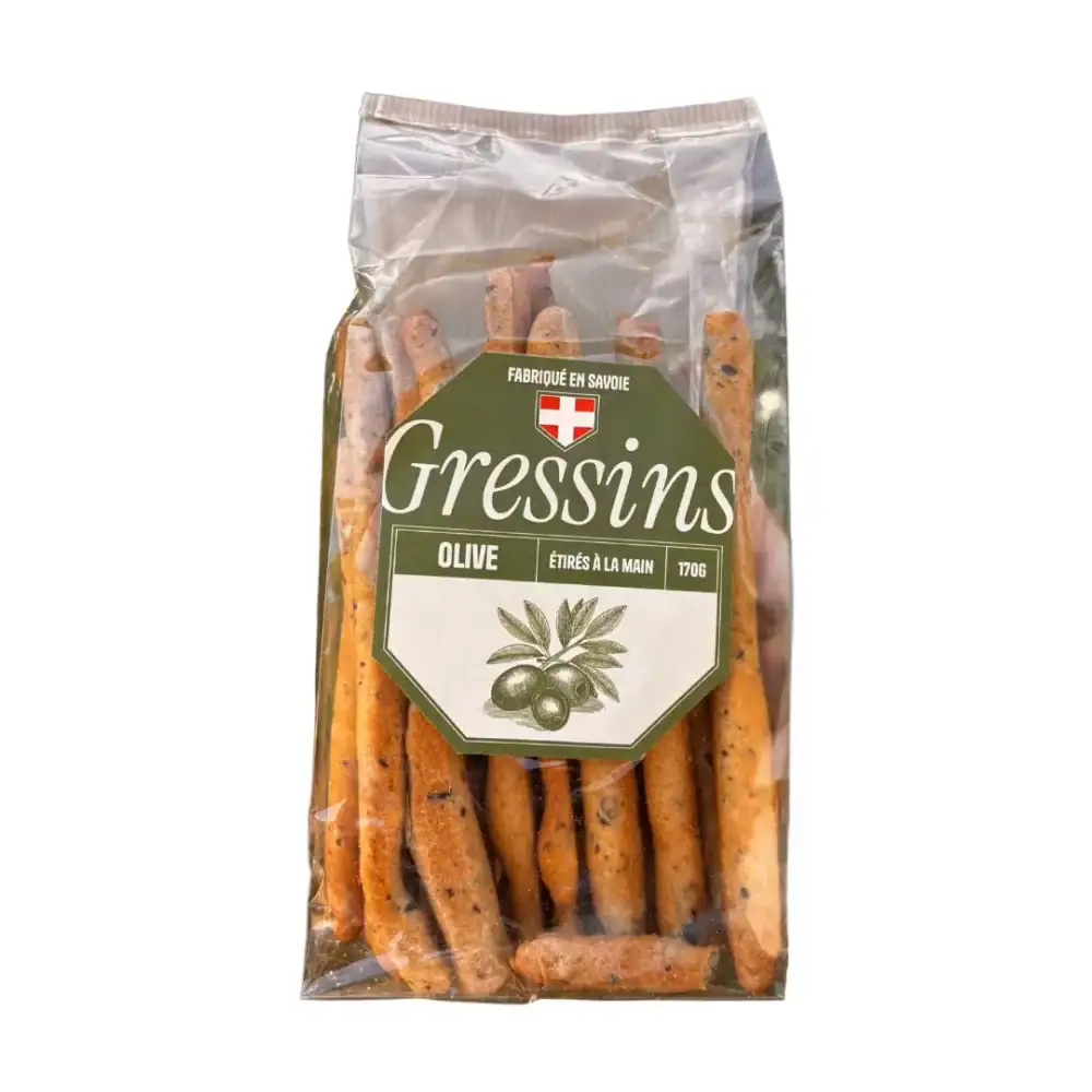 Visuel d'un paquet de Gressins aux olives de la maison Guss.