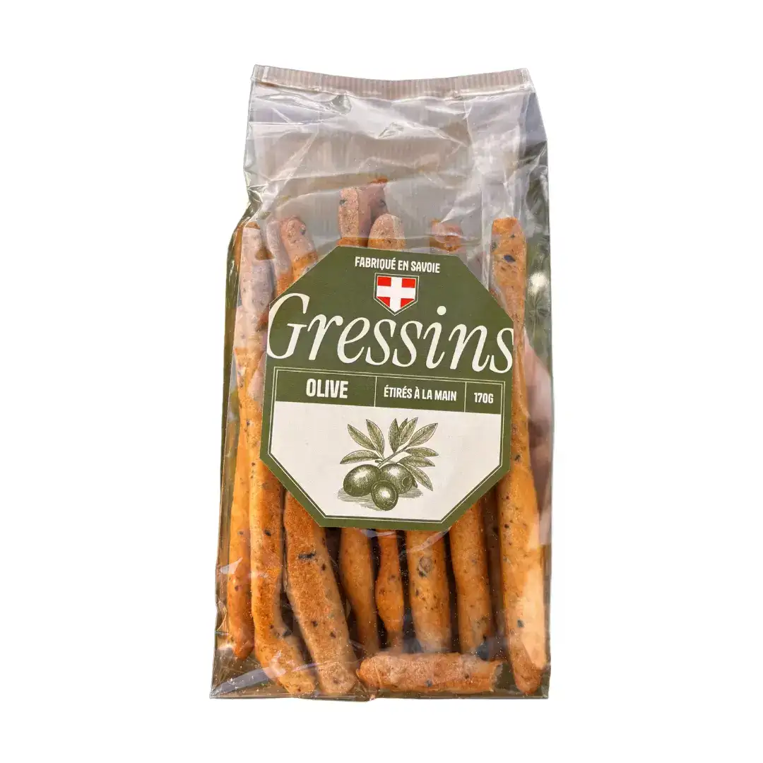 Gressins aux olives artisanaux – Maison Guss-1 Visuel d'un paquet de Gressins aux olives de la maison Guss.