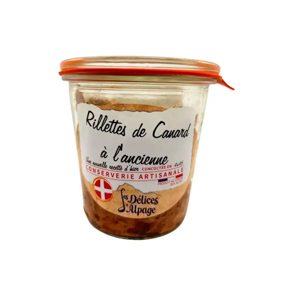 Visuel d'un pot de rillettes de canards des Délices d'Alpage sur un fond blanc.