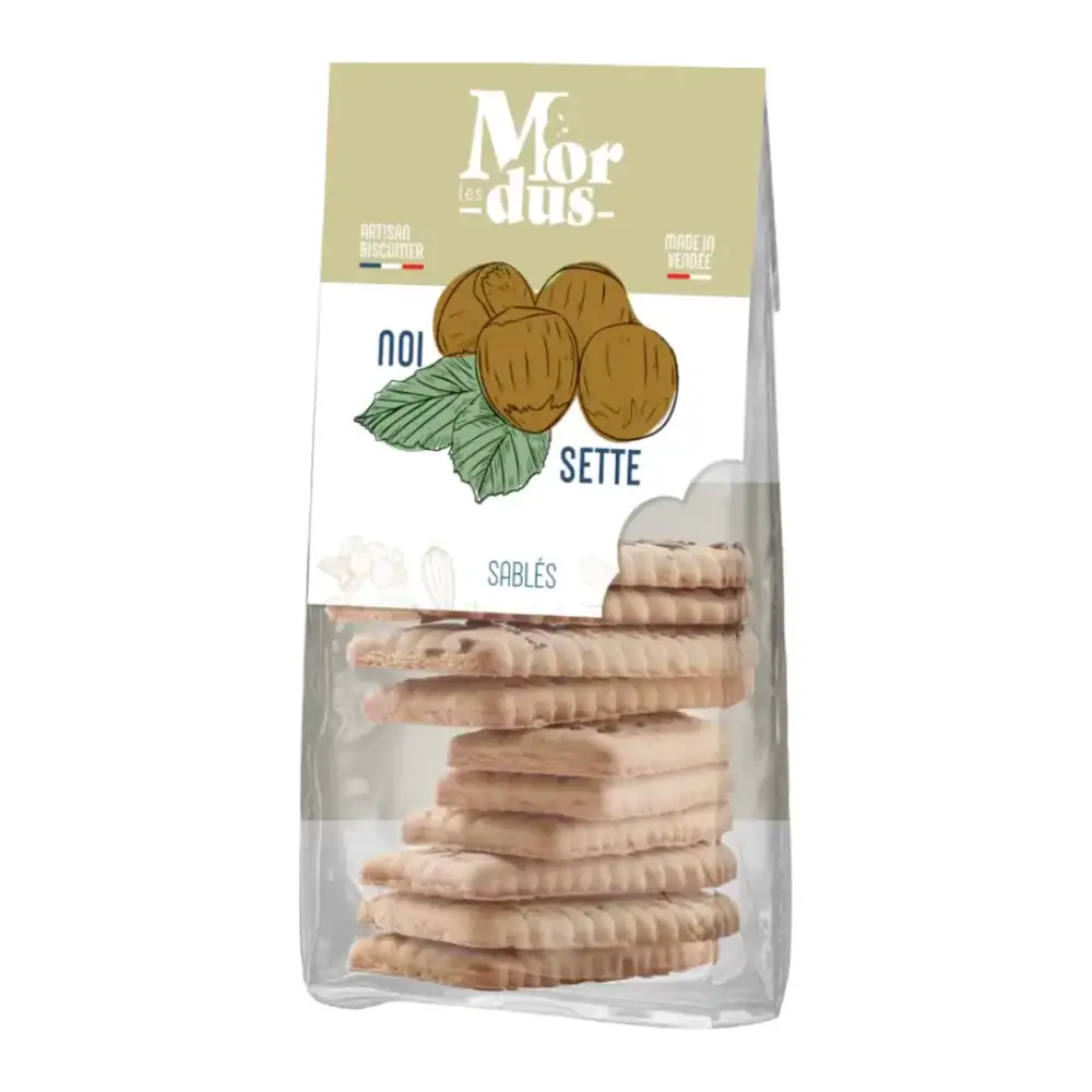 Image qui représente un paquet de biscuits à la noisette de l'atelier des Mordus.