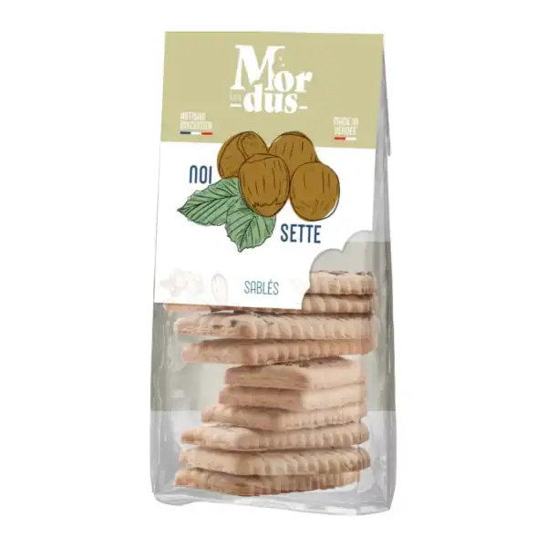 Image qui représente un paquet de biscuits à la noisette de l'atelier des Mordus.
