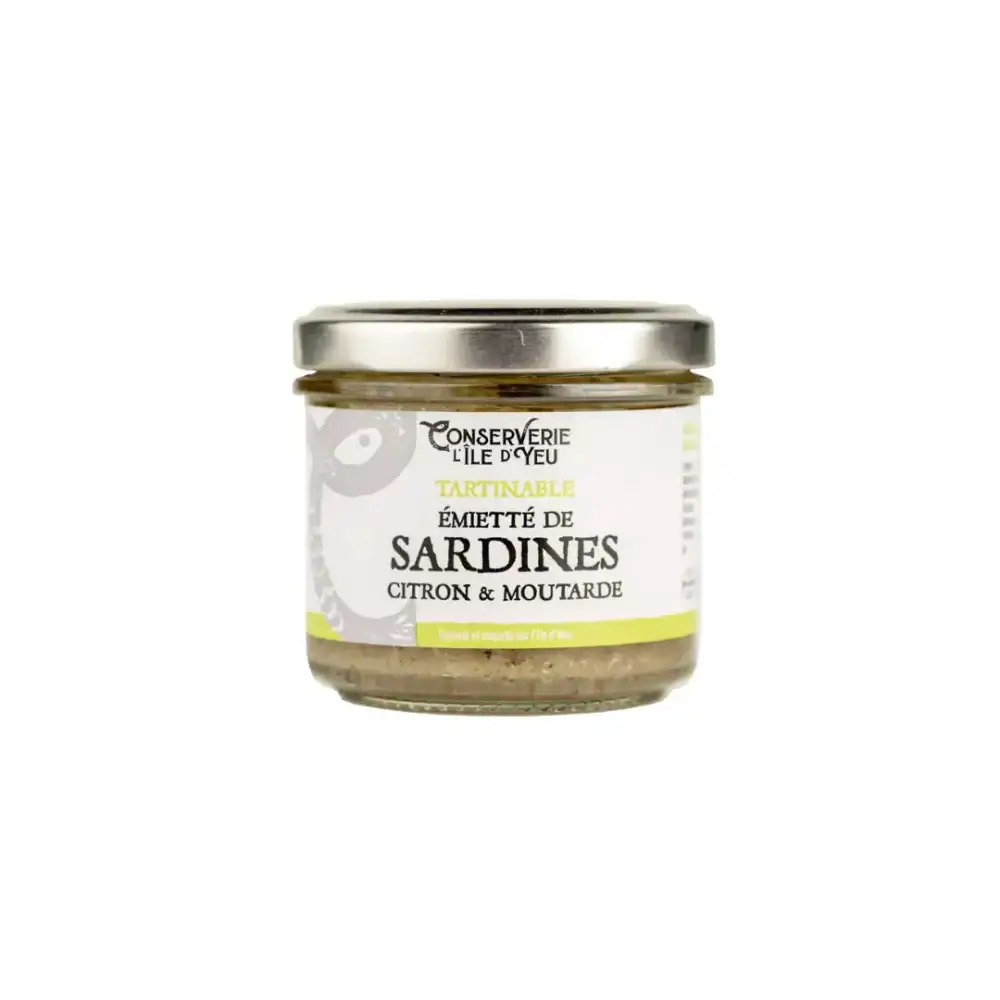 Pot de tartinade de sardines citron moutarde de la conserverie de l'île d'Yeu sur un fond blanc.