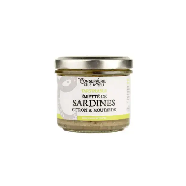 Pot de tartinade de sardines citron moutarde de la conserverie de l'île d'Yeu sur un fond blanc.