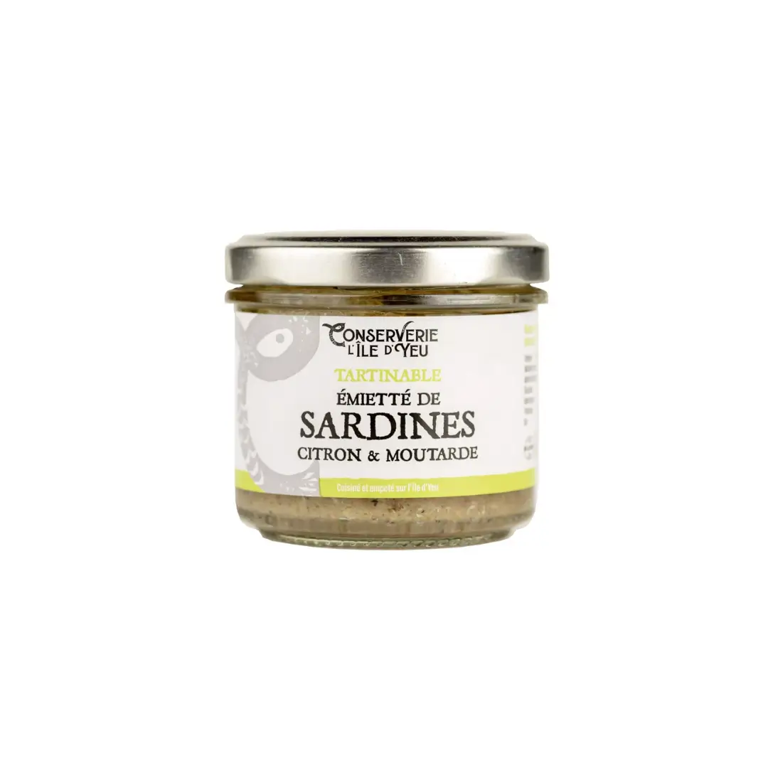 Tartinade Sardines Citron & Moutarde – Conserverie Île d’Yeu Pot de tartinade de sardines citron moutarde de la conserverie de l'île d'Yeu sur un fond blanc.