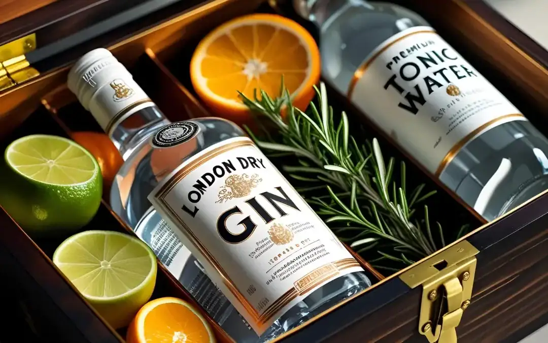 Coffret apéritif contenant une bouteille de gin artisanal et quatre tonics premium, idéal pour composer un gin tonic de qualité.