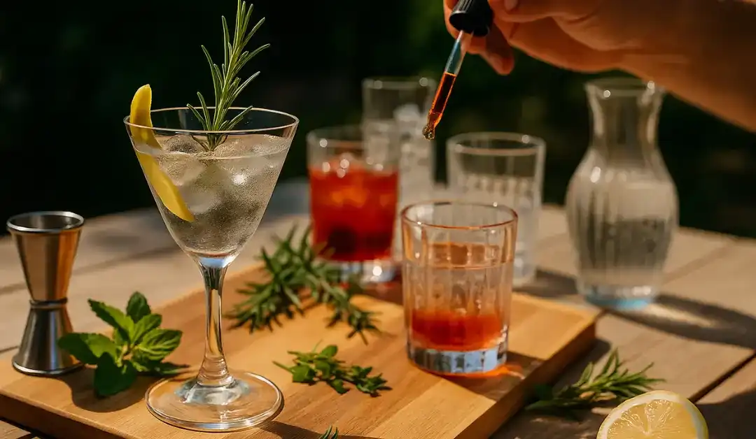 Cocktail photoréaliste en terrasse estivale illustrant la mixologie : harmonie des saveurs, présentation soignée et univers sensoriel.