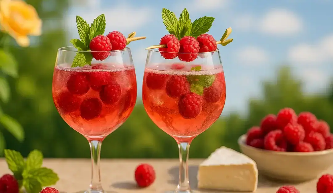 Apéritif à la framboise en version cocktail frais et fruité, idéal pour l’été – boisson pétillante avec framboises, menthe et glaçons, servie en extérieur.