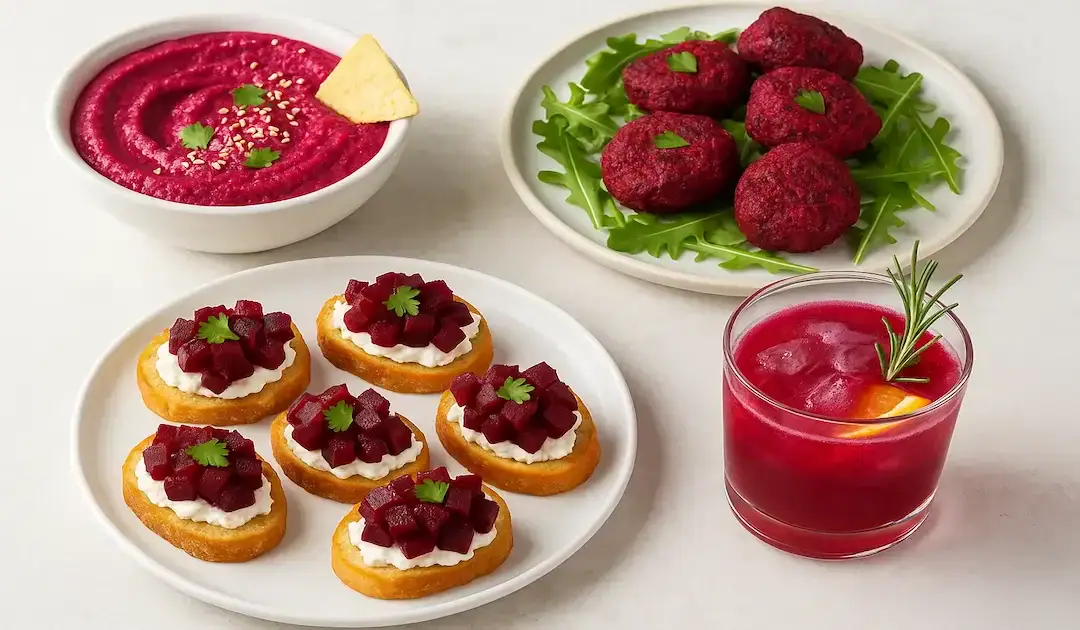 Assortiment de bouchées apéritives pour un apero avec betterave : tartines betterave-chèvre, dip crémeux, falafels à la betterave et cocktail rose vif, présentés sur fond clair.