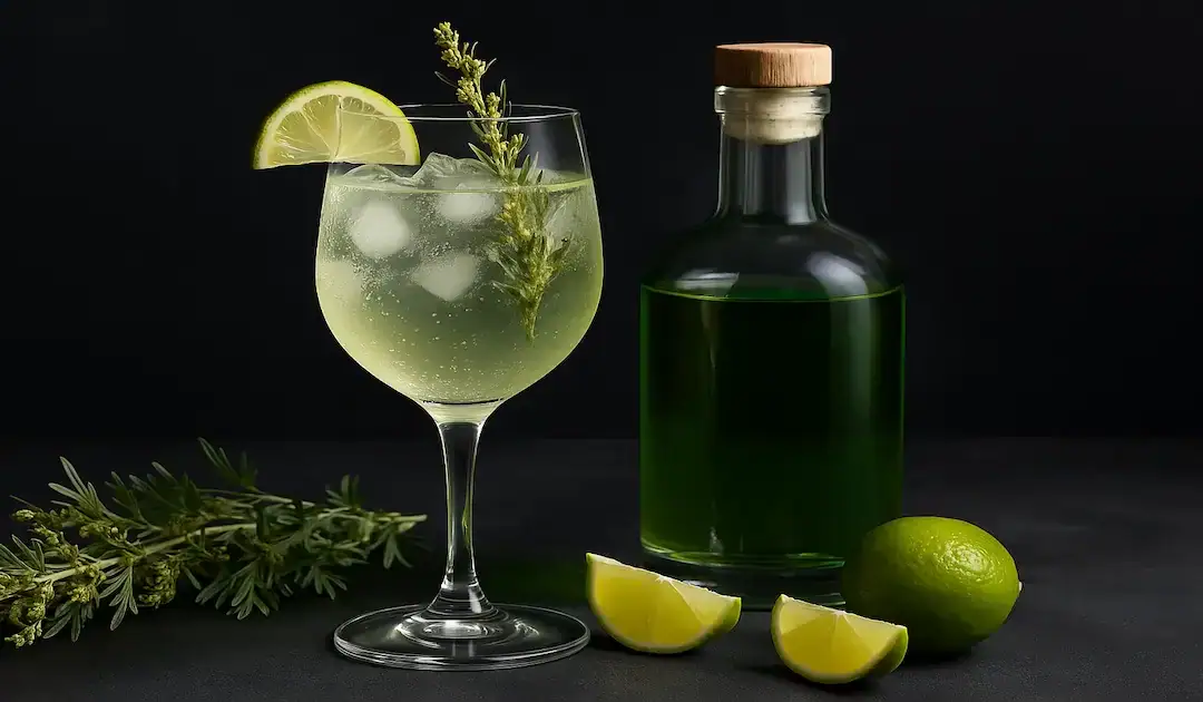 Cocktail à base de génépi servi dans un verre ballon avec glaçons, branche de plante alpine et tranche de citron vert, à côté d’une bouteille de liqueur.