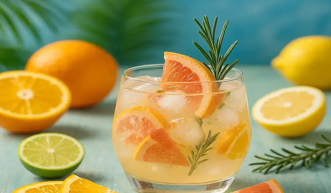 Cocktail gin agrumes dans un verre avec glaçons, tranches de pamplemousse, orange, citron vert et romarin sur fond turquoise estival