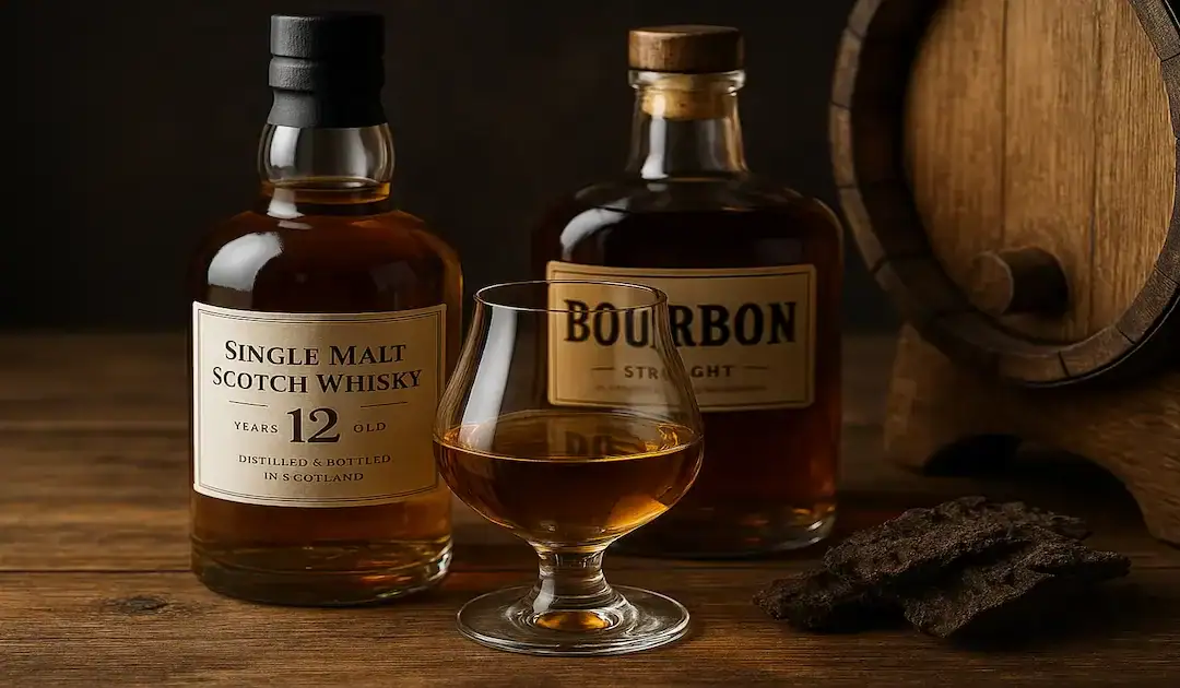 Illustration photoréaliste d’une sélection de whiskies posés sur une table en bois, avec fûts et lumière chaude – parfaite pour accompagner un guide sur comment choisir son whisky.