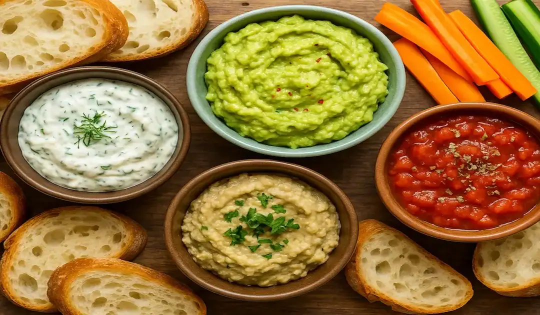 Assortiment de dips et tartinades colorés avec légumes frais et pain grillé, présenté sur une table estivale