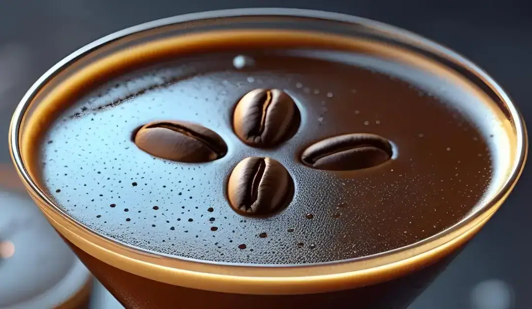 Vue rapprochée d’un expresso martini garni de grains de café, avec une mousse onctueuse en surface