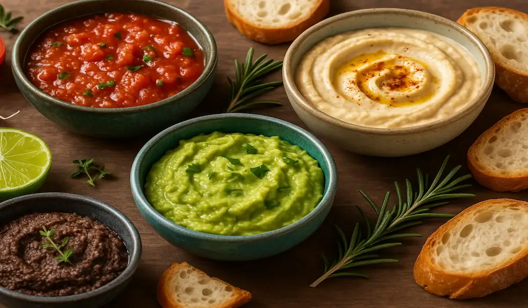 Assortiment de sauce pour toast apéritif servies dans des bols en céramique, accompagnées de légumes croquants et de pain grillé, en vue réaliste.