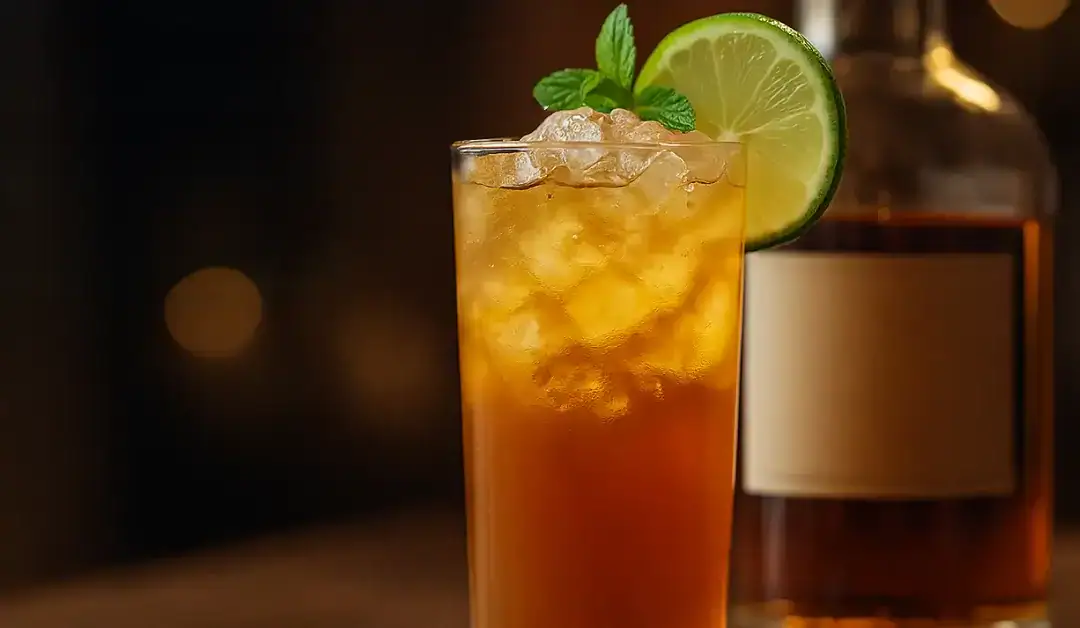 Cocktail à base de rhum ambré avec glaçons, menthe et agrumes, illustrant une recette estivale évoquée dans l’article Chasarose
