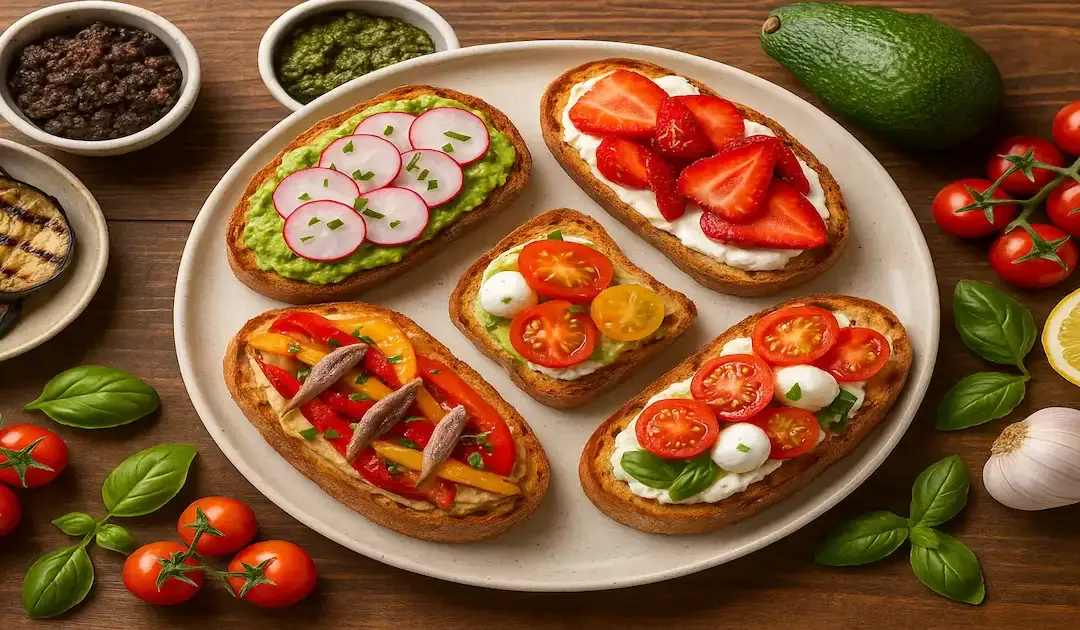 Tartines apéro été avec pain grillé et garnitures fraîches : avocat, radis, fraises, tomates, mozzarella, poivrons et anchois, entourées de produits estivaux comme basilic, aubergine grillée, tapenade et pesto.